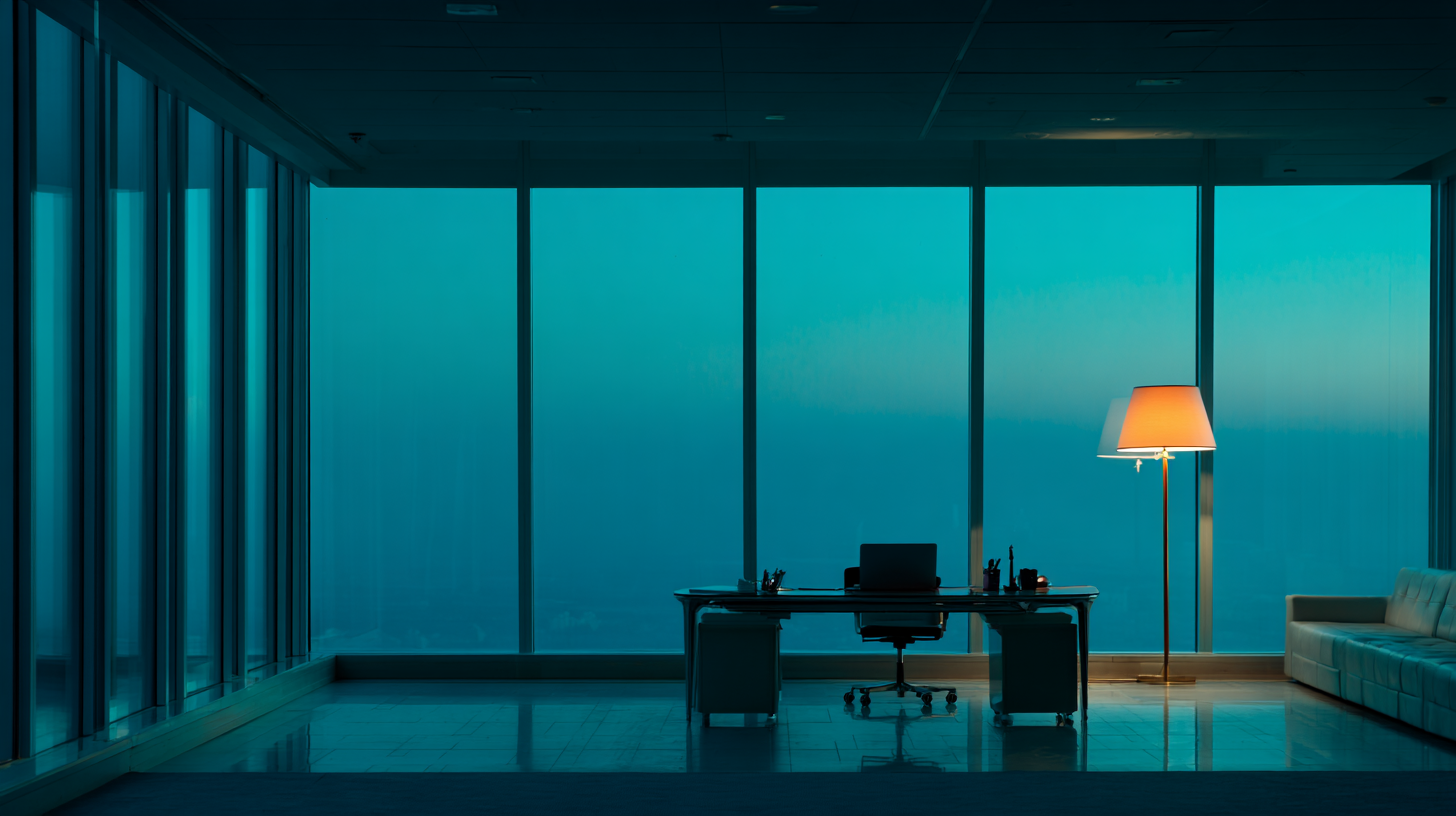 Quiet office at dawn, soft window light